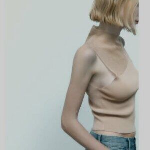 Zara Beige Mesh Panel High Neck Sleeveless Tank Top